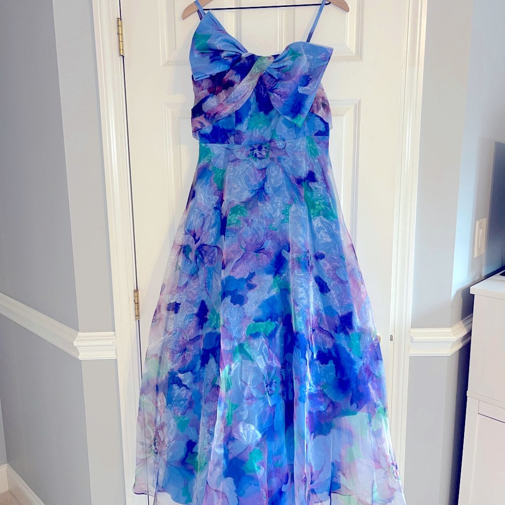 Eliza J Watercolor Bow Bodice Sleeveless Gown